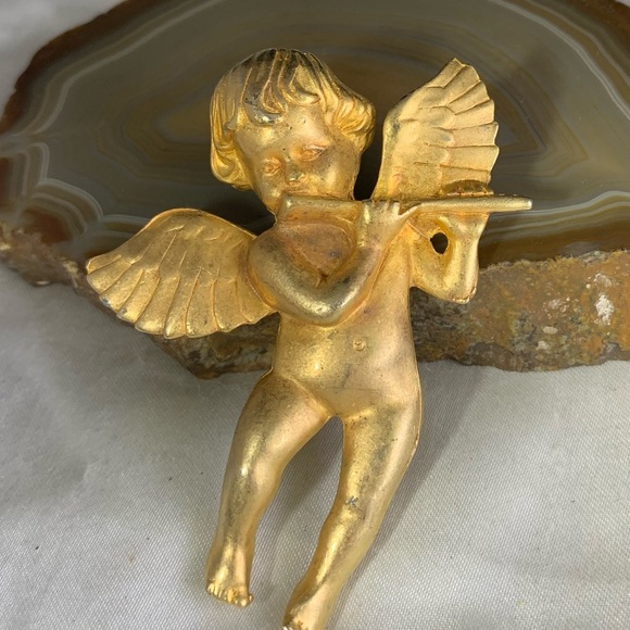 Angel brooch/Pendant Jewelry - VINTAGE GOLD ANTIQUED ANGEL PENDANT/ BROOCH WITH FLUTE IN HAND